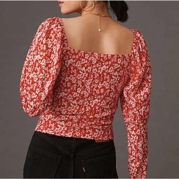 Anthropologie Red/white floral romantic Sweetheart Smock Bodice Sleeve Top sizeL - Picture 3 of 7